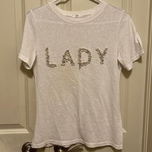 ANSHUNZI White Sparkly T-Shirt with “LADY” Sewed in with Pearls, Diamonds etc.